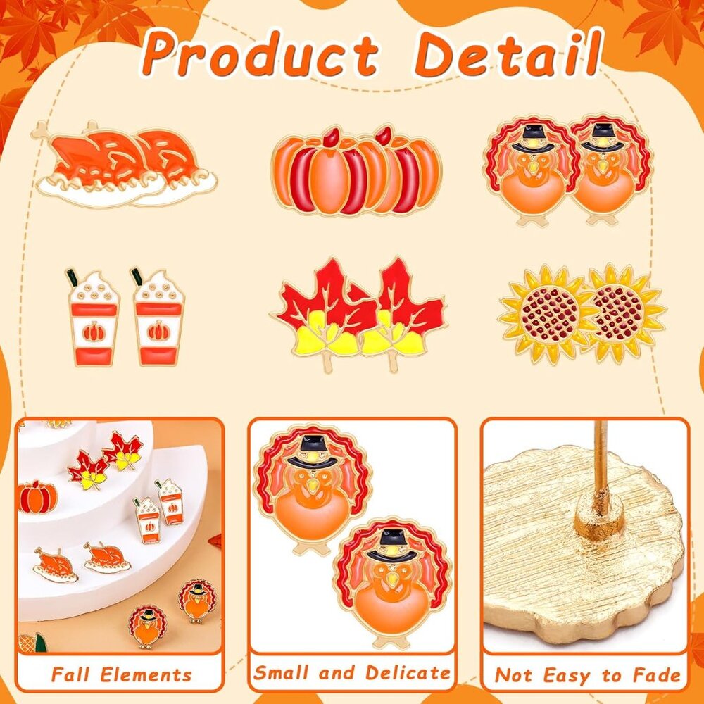 9 Pairs Fall Enamel Stud Earrings for Women Thanksgiving Day Fall Autumn Earring - Picture 4 of 7